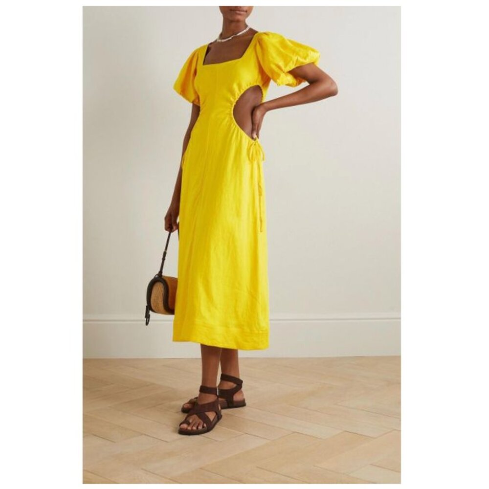 FARM Rio Women's Yellow Cutout Bead-embellished Linen Midi Dress size L